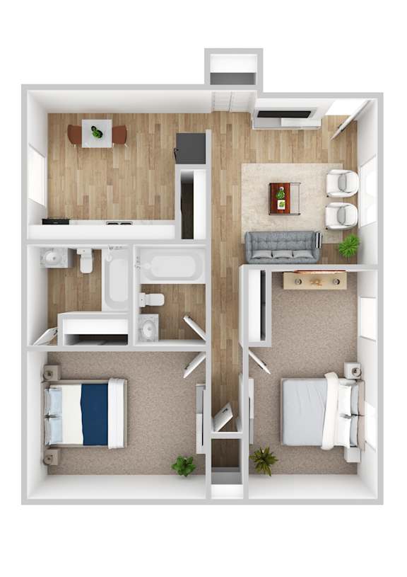 A top down view of a small apartment with a bedroom, living room, and kitchen.