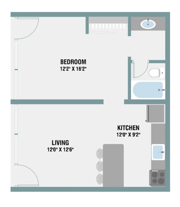 1 Bed 1 Bath Floor Plan  at The Palms on Main, Columbia