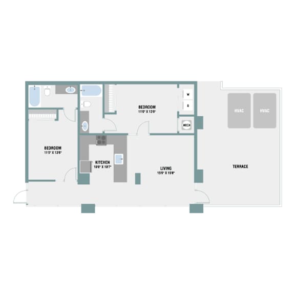 2 Bedroom Floor Plan at The Palms on Main, South Carolina, 29201