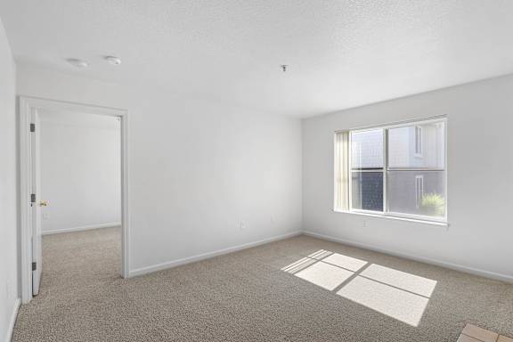 an empty bedroom with a window and a door