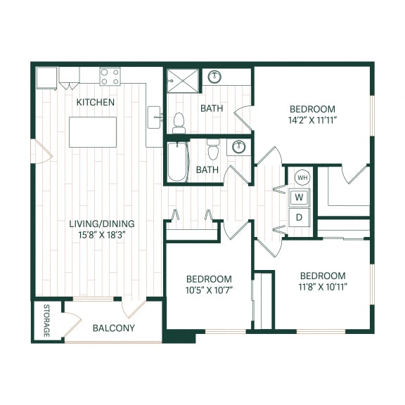 Floor Plan  3 Bedroom 2 Bathroom Olive Floor Plan at Sonder Fields Apartments, Happy Valley, 97015