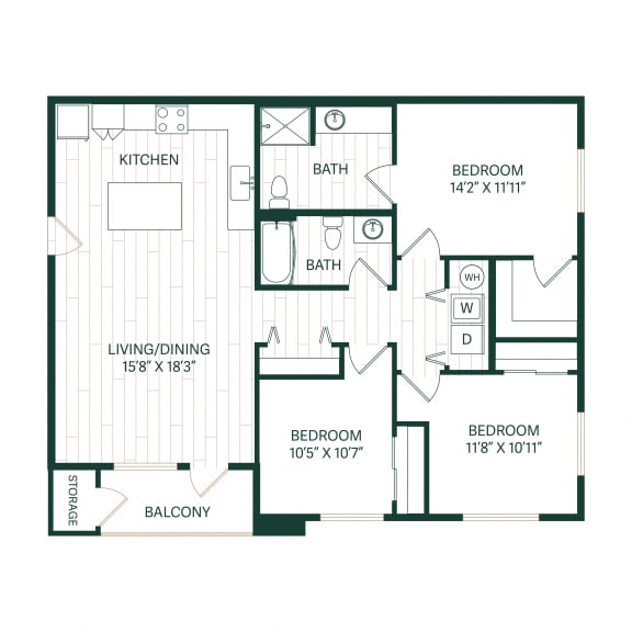 Floor Plan  3 Bedroom 2 Bathroom Clover Floor Plan at Sonder Fields Apartments, Happy Valley, OR