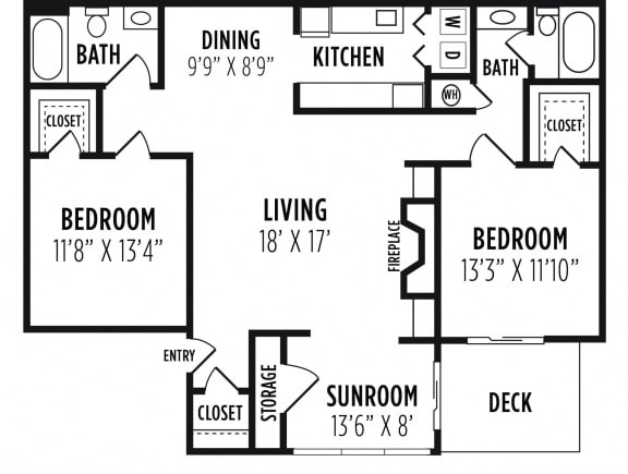 2 bedroom floor plan at Laurel Oaks, Raleigh, 27613