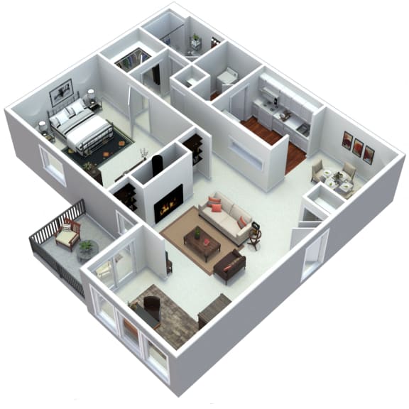 3D 1 bedroom floorplan at Laurel Oaks, Raleigh