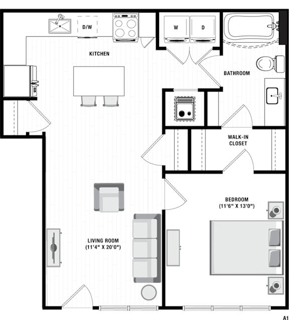 A floor plan of a small apartment with a living room, kitchen, bathroom, and two bedrooms.