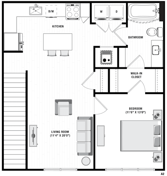 A floor plan of a small apartment with a living room, kitchen, bathroom, and two bedrooms.