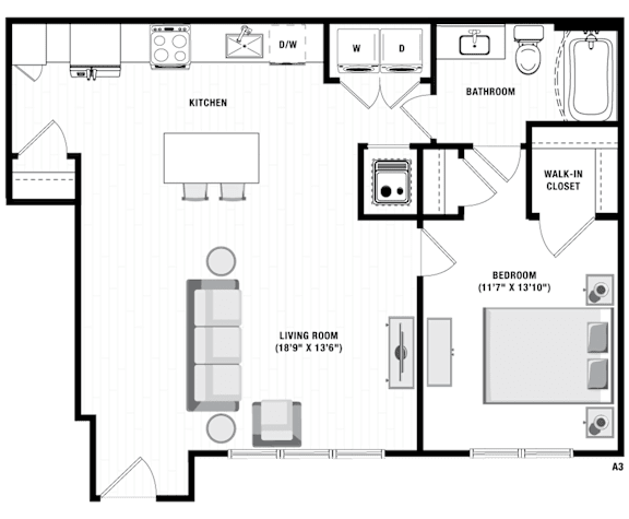 A floor plan of a house with a kitchen, living room, bathroom, and bedrooms.