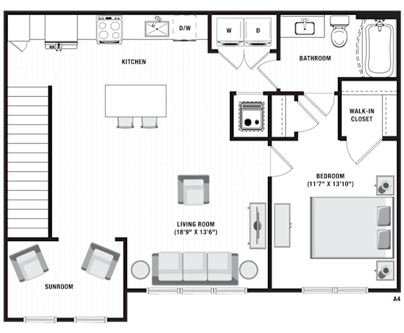 A floor plan of a house with a living room, kitchen, bathroom, and bedrooms.