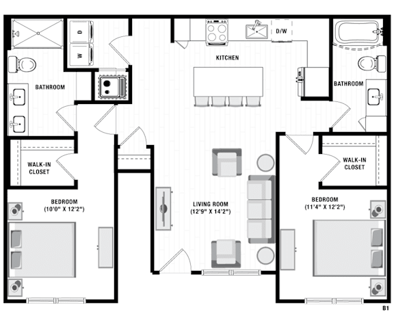 A floor plan of a house with two bedrooms, a living room, a kitchen, a bathroom, and a walk-in closet.
