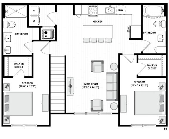 A floor plan of a house with two bedrooms, a living room, a kitchen, and two bathrooms.