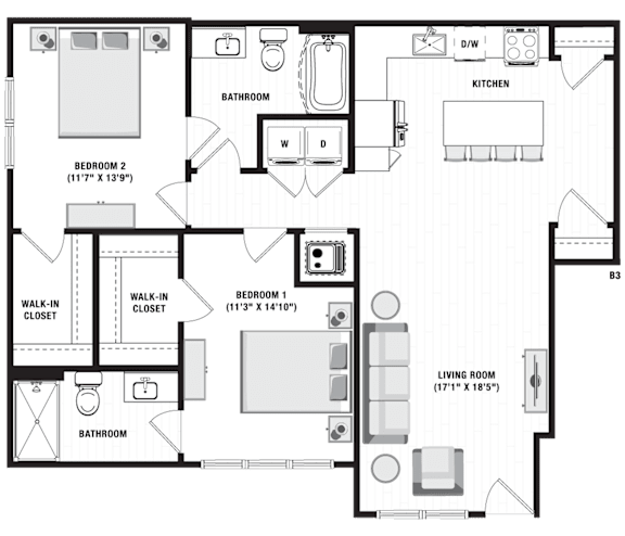 A floor plan of a house with three bedrooms, a bathroom, a kitchen, a living room, and a walk-in closet.