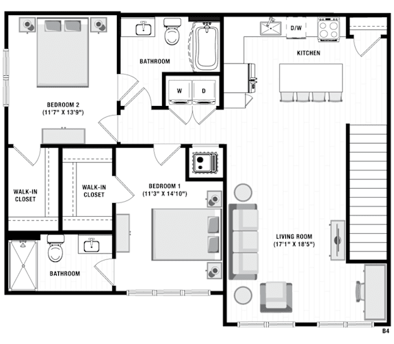 A floor plan of an apartment with three bedrooms, a living room, a kitchen, and a bathroom.