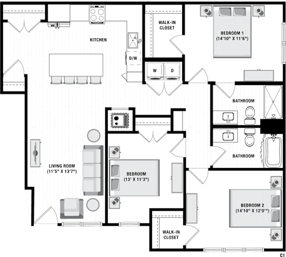 A floor plan of a house with three bedrooms, a living room, a kitchen, and two bathrooms.
