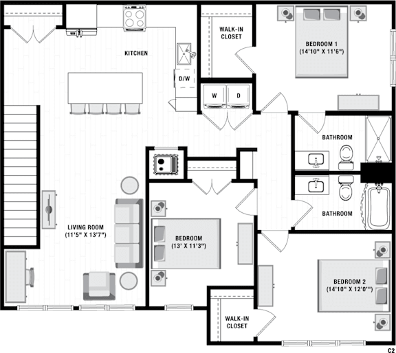 A floor plan of a house with three bedrooms, a living room, a kitchen, and two bathrooms.