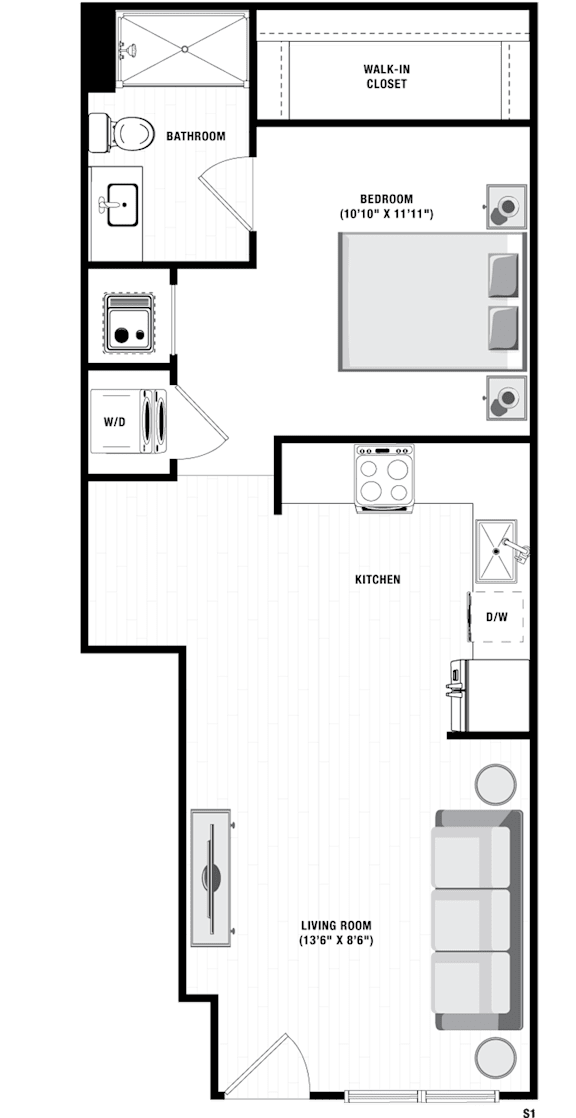 A floor plan of a house with a living room, kitchen, bathroom, and bedroom.