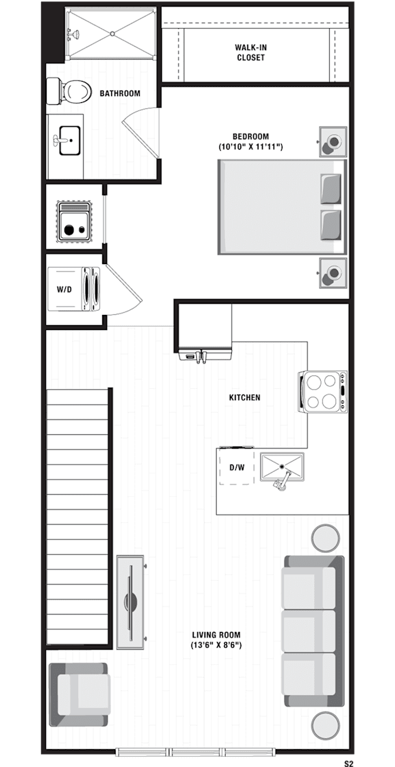 A floor plan of a house with a living room, kitchen, bedrooms and bathroom.