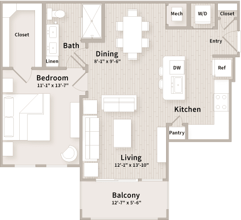 A2 floorplan which is a 1 bedroom, 1 bath apartment