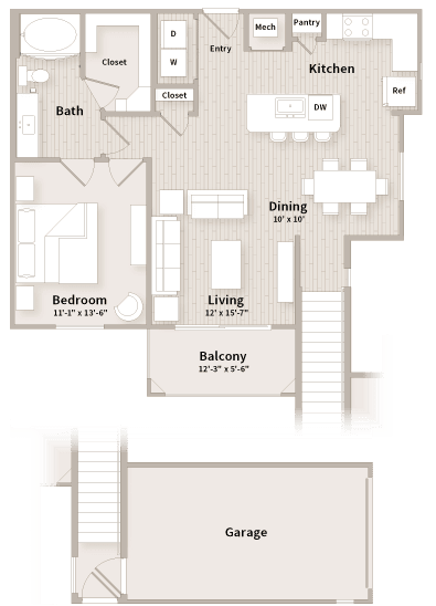 A5 floorplan which is a 1 bedroom, 1 bath apartment