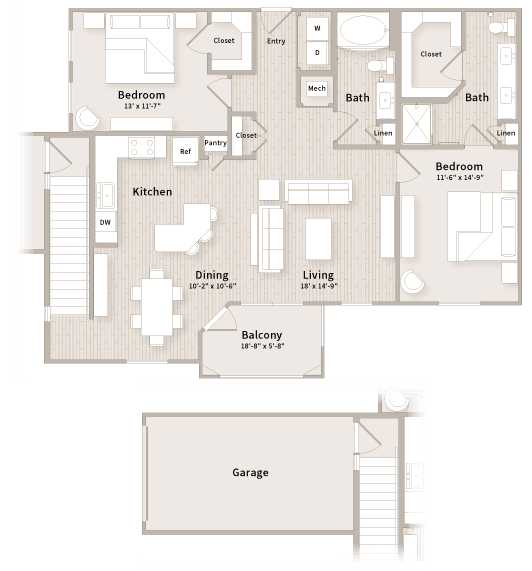 B4 floorplan which is a 2 bedroom, 2 bath apartment