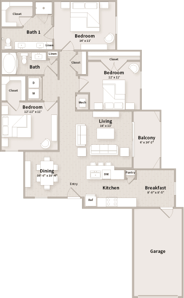 C1 floorplan which is a 3 bedroom, 2 bath apartment