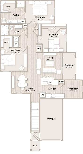 C2 floorplan which is a 3 bedroom, 2 bath apartment