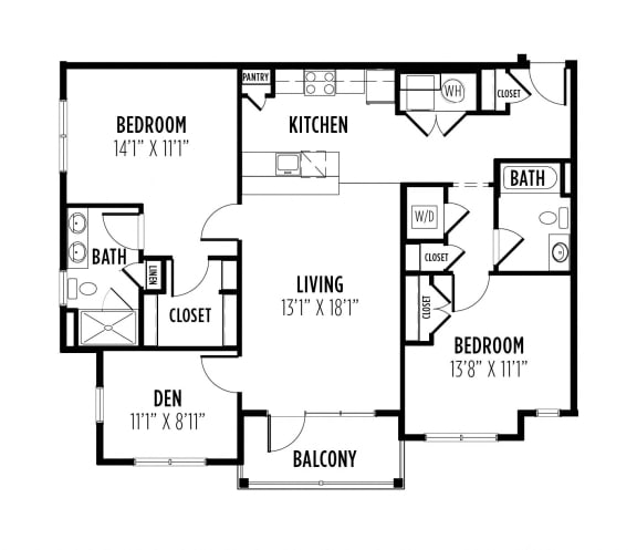 floor plan of a 2 bedroom 2 bath apartment with a den