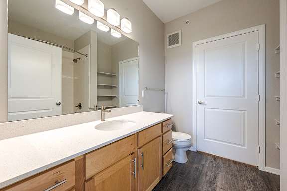A bathroom with a sink, mirror, and toilet at Vistas at Jackson Creek, Monument, Colorado