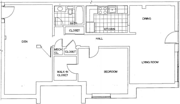 A floor plan of a house with a den, dining room, kitchen, living room, two closets, a bathroom, and a bedroom.