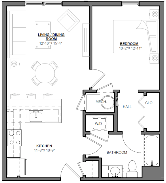 Thoughtfully designed one-bedroom with modern features and natural light at Highland Terrace apartments located in Richmond's Highland Park neighborhood