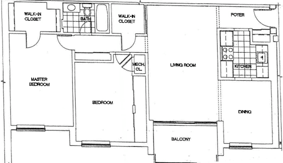 A floor plan of a house with a master bedroom, a second bedroom, a bath, a walk-in closet, a home office, a dining area, a kitchen, a laundry room, and a balcony