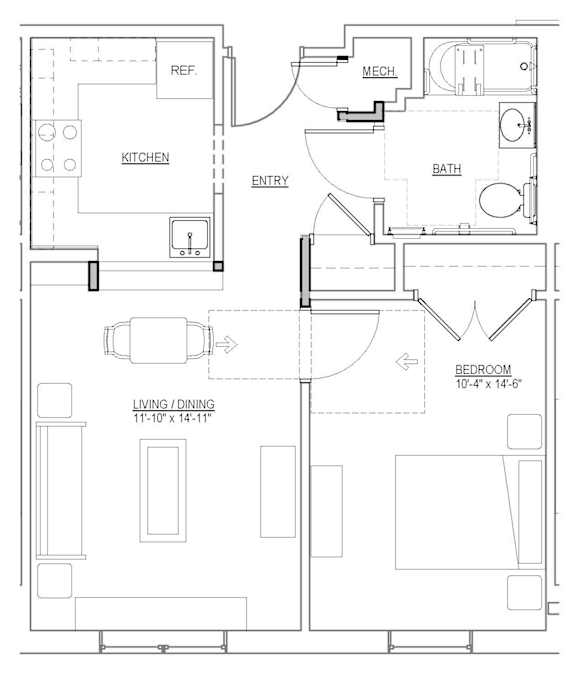 Floor plan of a 1-bedroom senior apartment at Park Heights Place, featuring a modern kitchen, living area, bedroom, and accessible bathroom.