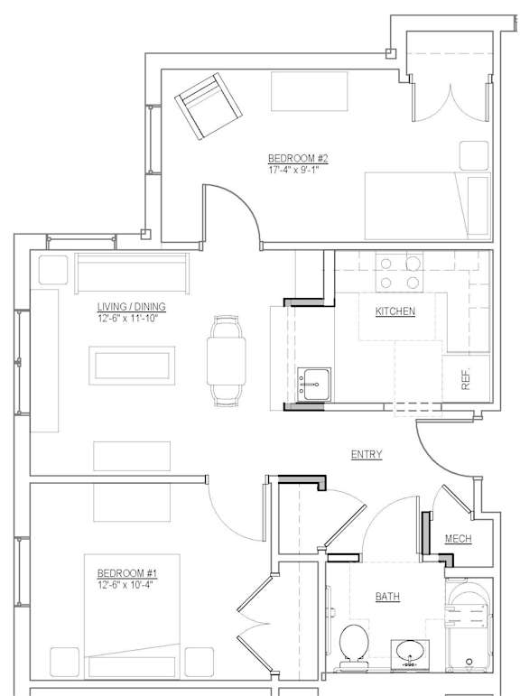 Floor plan of a 2-bedroom senior apartment at Park Heights Place, with spacious living area, modern kitchen, two bedrooms, and accessible bathroom.