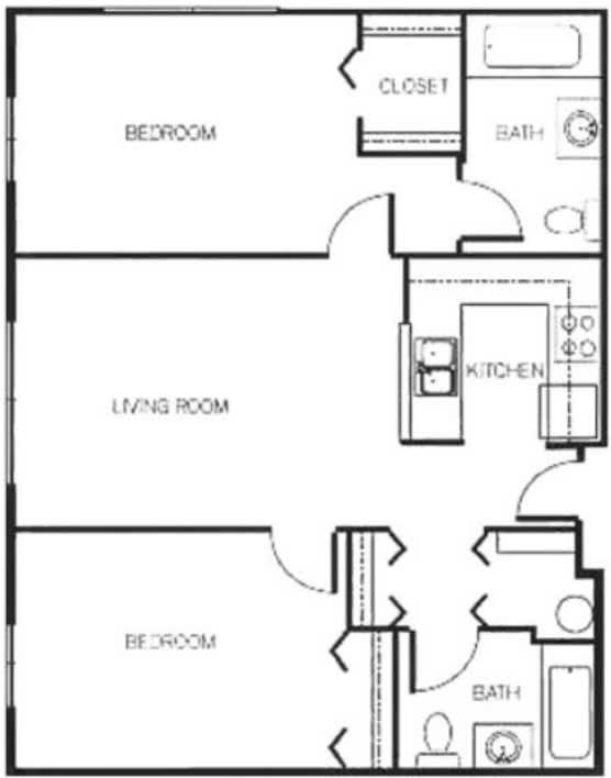 A black and white image of a floor plan for a house with three bedrooms, a living room, a kitchen, and two bathrooms.