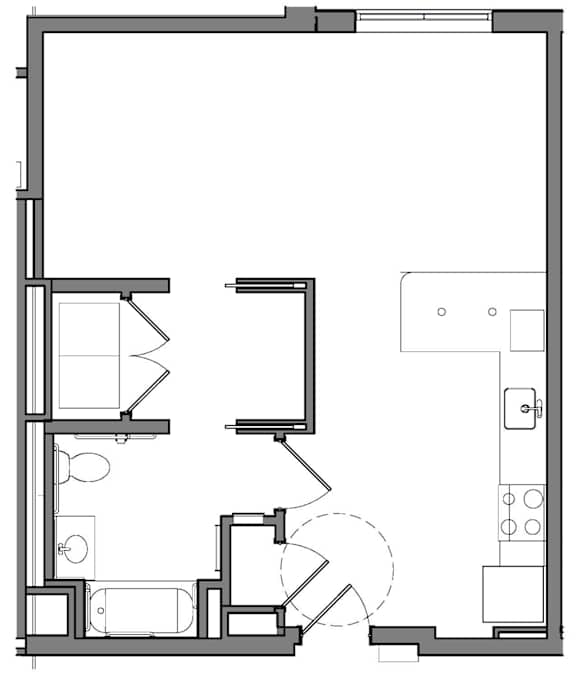 A floor plan of a house with a kitchen, living room, and bathroom.