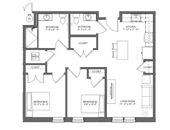 A black and white image of a floor plan for a house with two bedrooms, a living room, a kitchen, and two bathrooms.