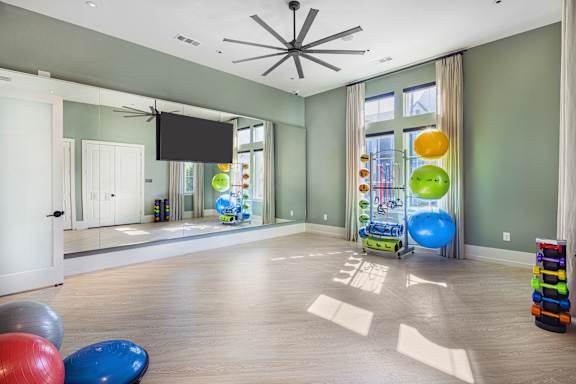 A room with a mirror, a television, and exercise balls at Folksong Apartments, Georgia