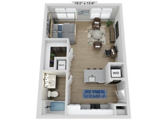 3D Floor Plan Studio 1 bath at Elwood Apartments, North Carolina