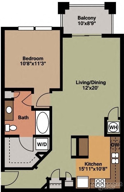 A floor plan of a house with a balcony, bedroom, living/dining area, bathroom, and kitchen.