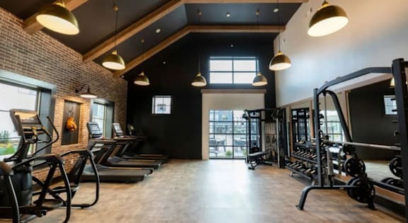 A gym with treadmills, weights, and exercise machines.