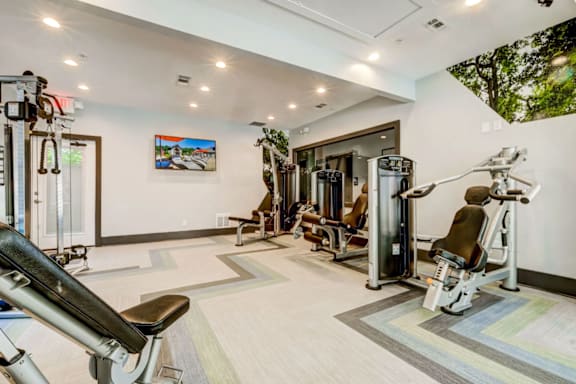 A gym with a variety of equipment including multiple lifting machines at The Hartley at Sweetwater Creek, Duluth, Georgia 30096