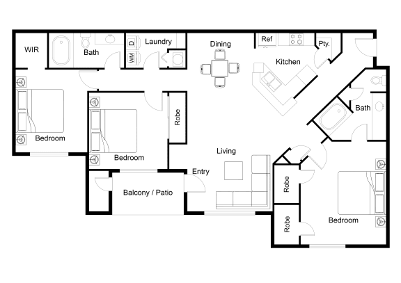 3 bed 2 bath floor plan at The Hartley at Sweetwater Creek, Georgia, 30096