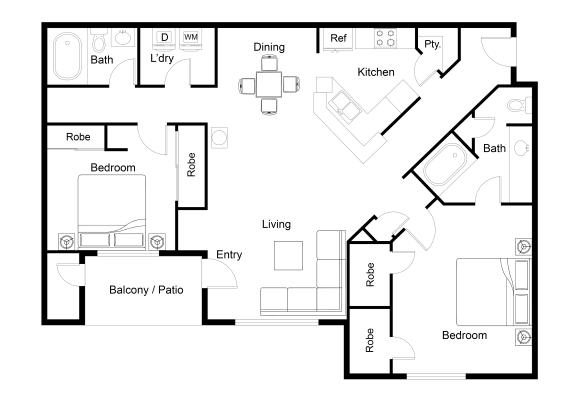 2 bed 2 bath floor plan A at The Hartley at Sweetwater Creek, Georgia
