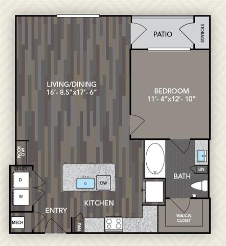 827 Square-Feet 1 bed 1 bath A4 Floor Plan at The Alden at Cedar Park, Texas