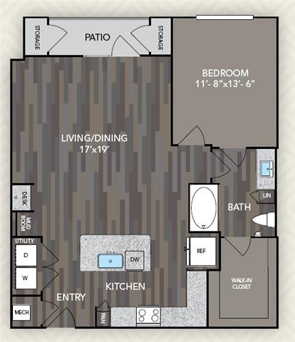 896 Square-Feet 1 bed 1 bath A5 Floor Plan at The Alden at Cedar Park, Texas, 78613