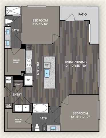 1185 Square-Feet 2 bed 2 bath B1 B2 Floor Plan at The Alden at Cedar Park, Cedar Park, TX