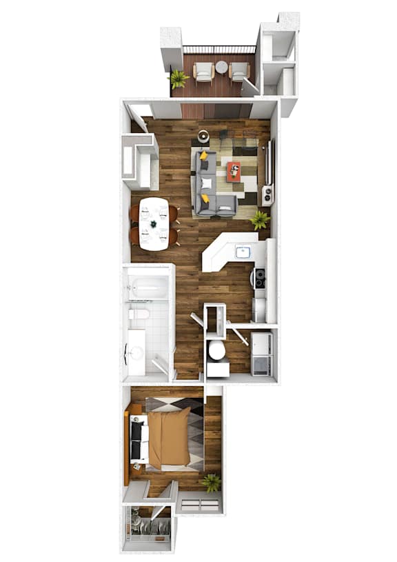 Floor Plan  A top-down view of a two-story apartment with a living room, kitchen, and bedrooms.