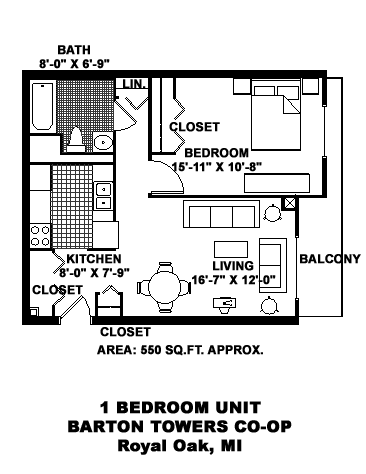 A floor plan of a 1 bedroom unit at Barton Towers Co-op in Royal Oak, MI.