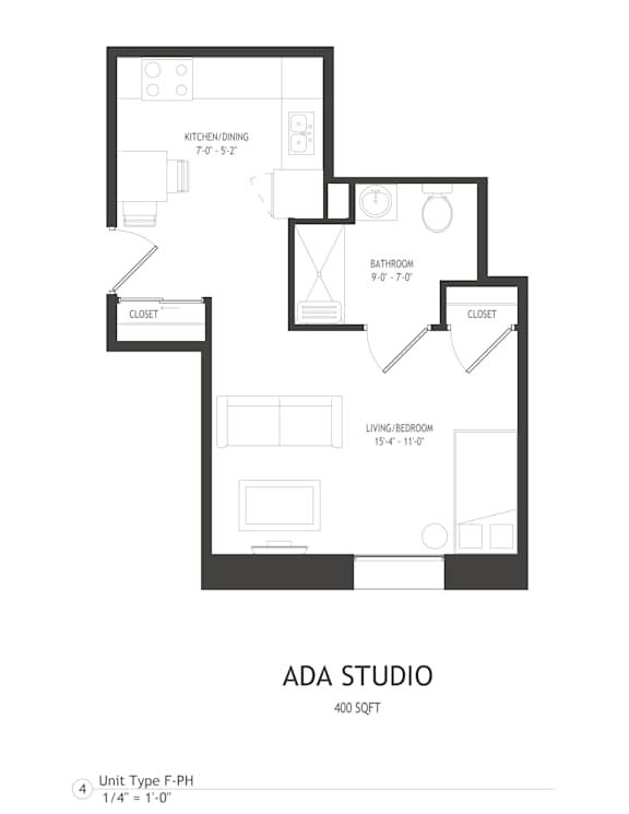 A floor plan of the ADA Studio apartment layout.