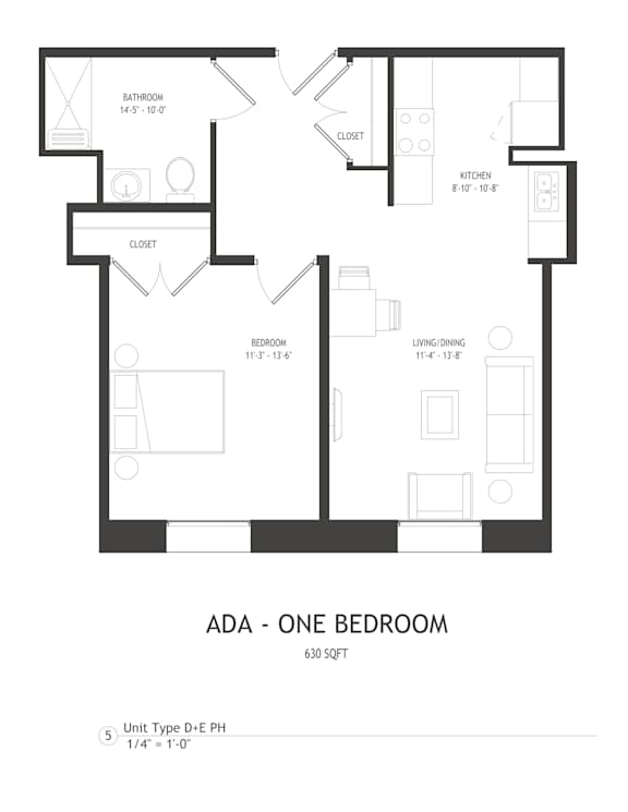 A black and white diagram of a one bedroom apartment.