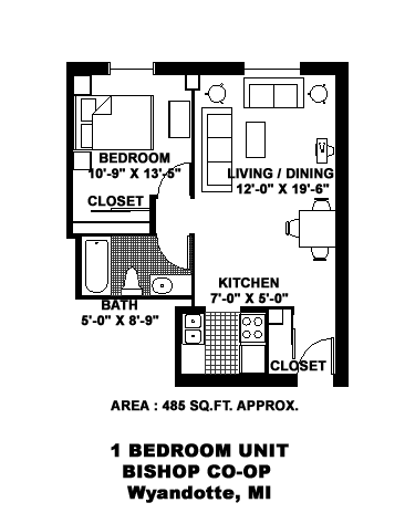A floor plan of a 1 bedroom unit in Bishop CO-OP Wyandotte, MI.